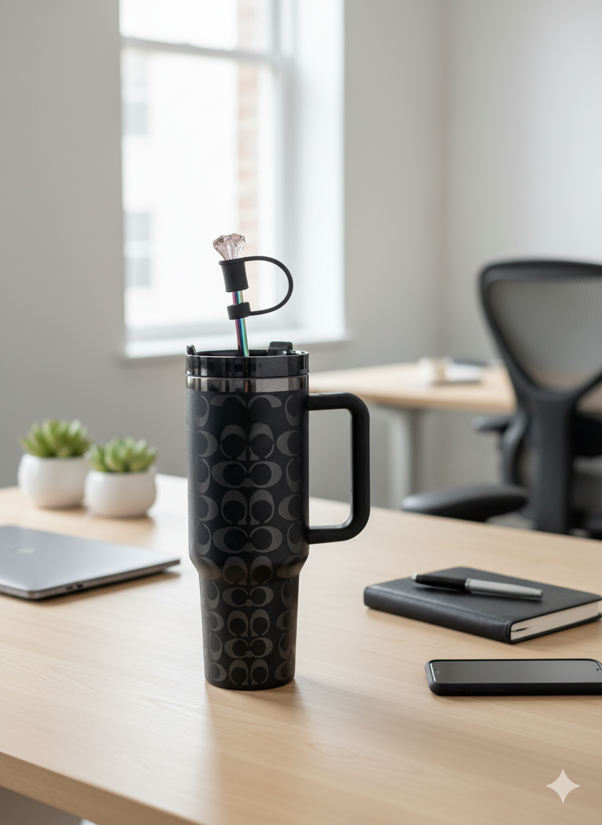 40oz holographic monogram travel cup – black and silver