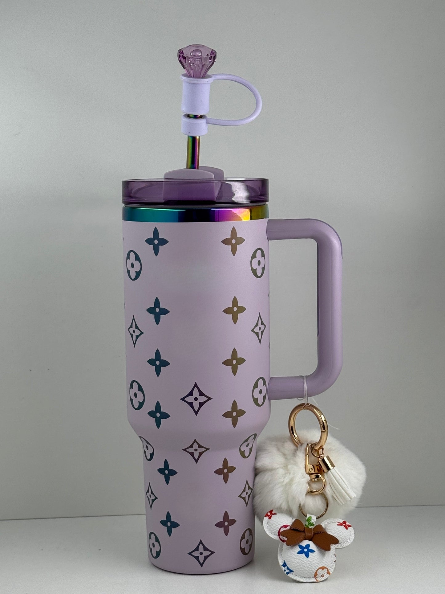 40oz luxury-inspired travel cup, luxury keyring and gem straw topper – lilac