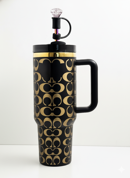 40oz holographic monogram travel cup – black and gold